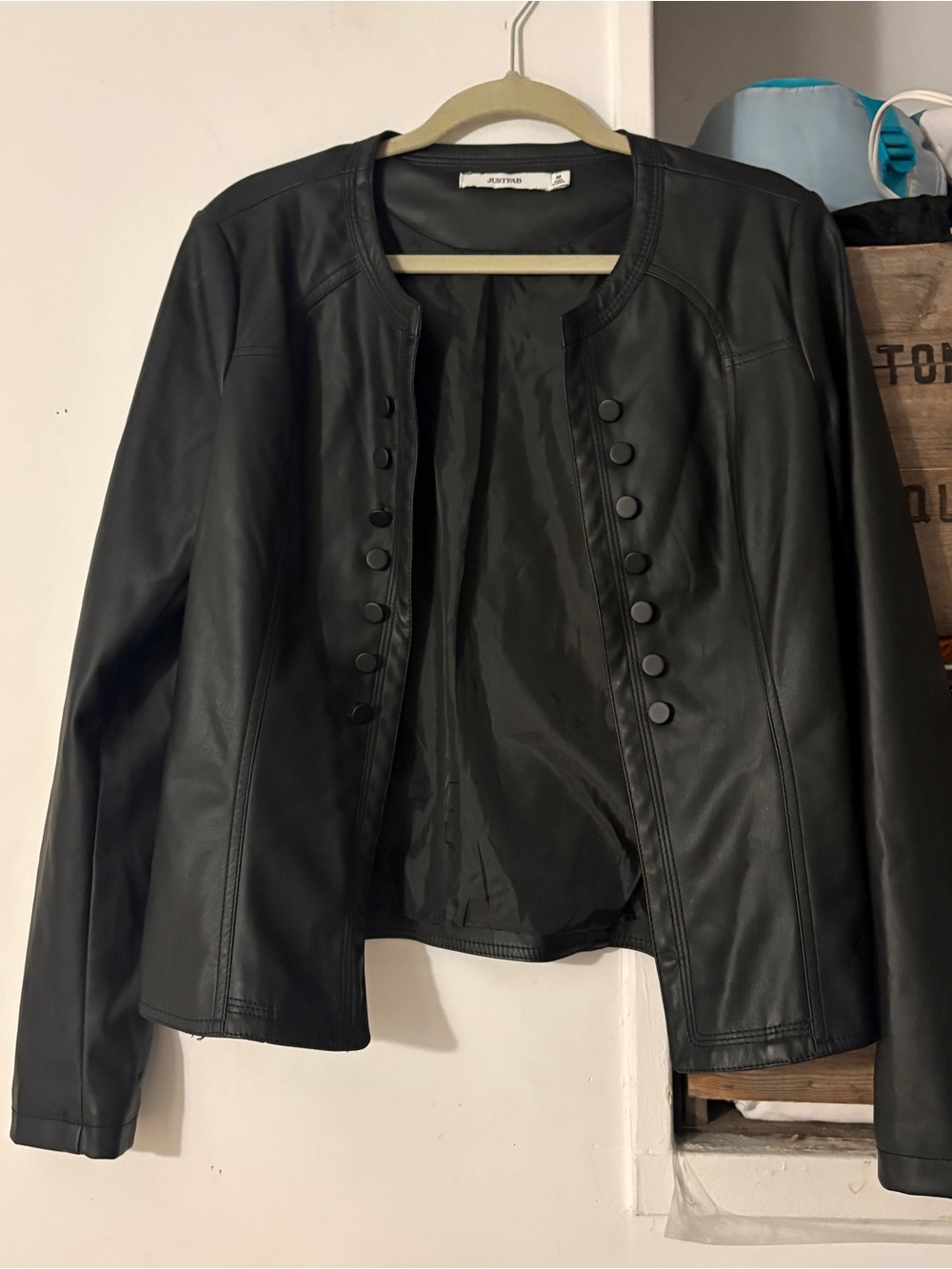 JustFab Black Faux Leather Military Button Jacket Size Medium